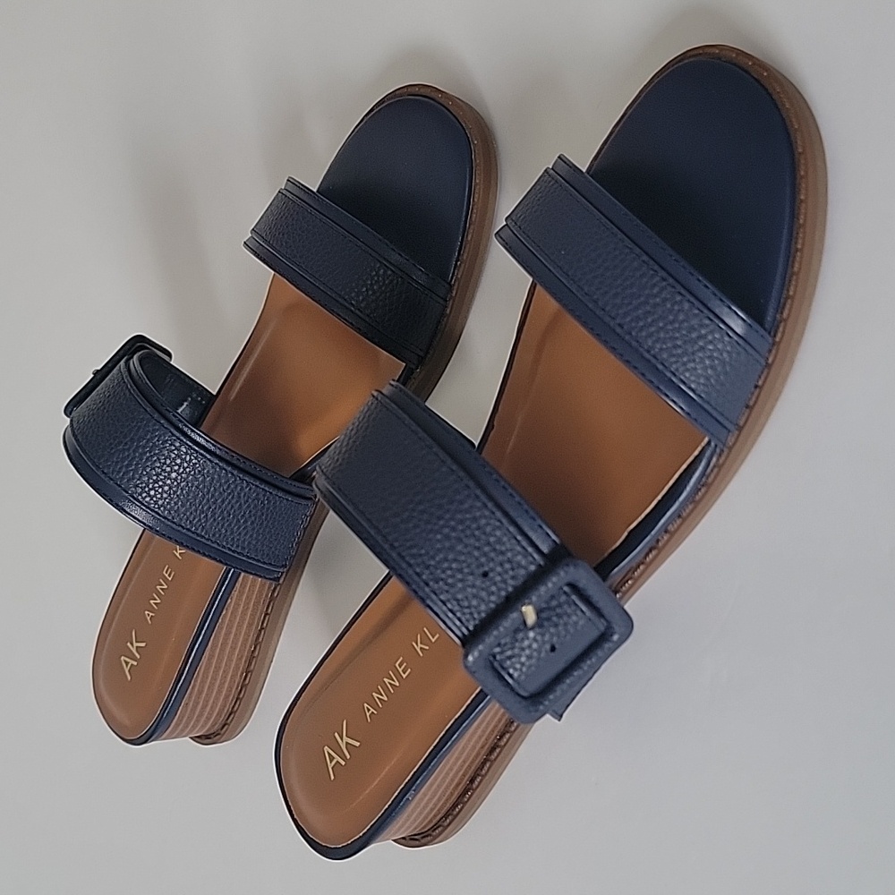 Ann Klein Blue Navy Double Strap Buckle Wedge Heel Slides Flats Sandals Size 10